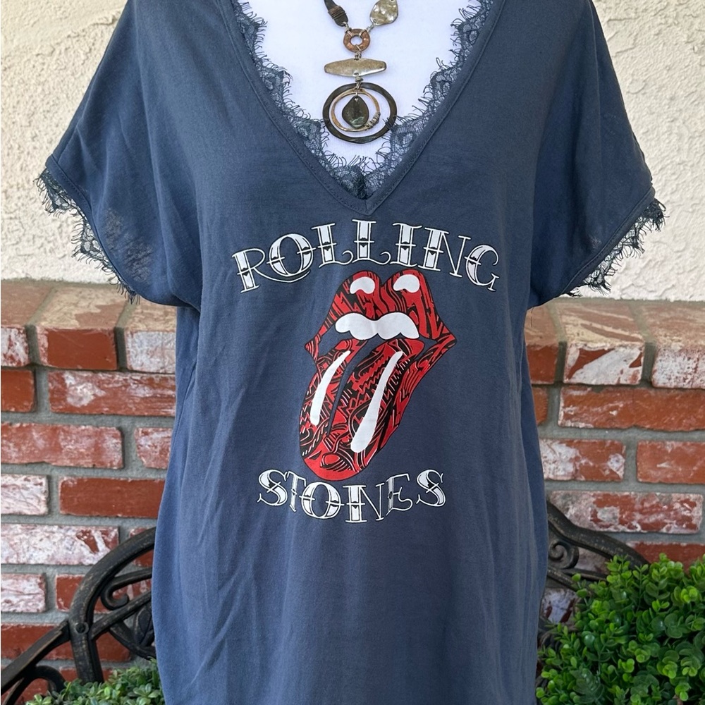 Sheilay Rolling Stones Tunic Top; Drk Academy Blue W/Lace Trim Accents;Med; NWOT